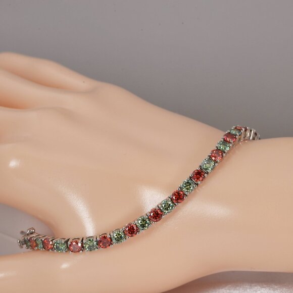 GRA Certified RED & GREEN Moissanite Tennis Bracelet 925 Sterling 7" - Picture 1 of 4